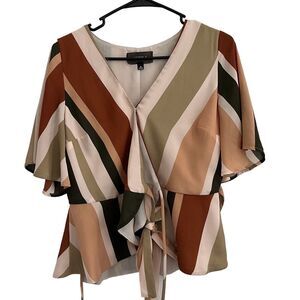 4Siennai Womens Size M Short Sleeve Wrap Blouse Striped Brown Earth Shades